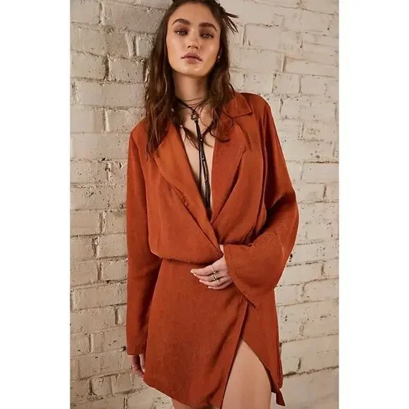 NEW Free People Simone Notch Lapel Snakeskin Blazer Brown Mini Dress Size Small - Picture 4 of 11